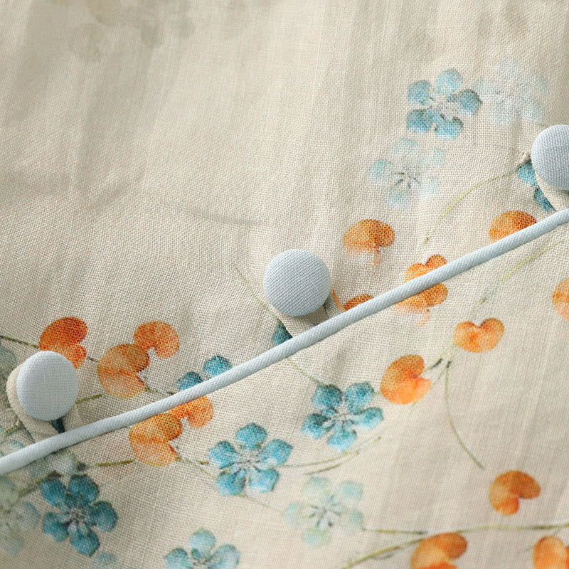 Buddha Stones Blue Flowers Orange Leaves Frog-Button Three Quarter Sleeve Cotton Linen Shirt - image 8