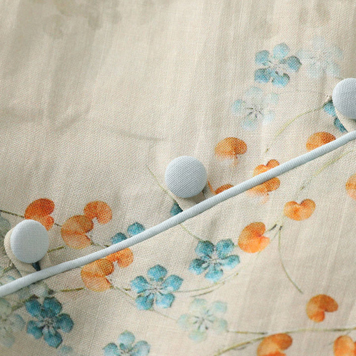 Buddha Stones Blue Flowers Orange Leaves Frog-Button Three Quarter Sleeve Cotton Linen Shirt - image 8