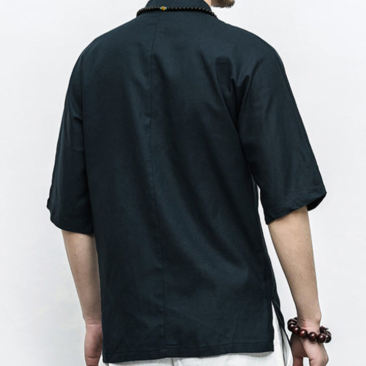 Buddha Stones Chinese Frog-Button Tang Suit Zen Half Sleeve Shirt Linen Men Clothing - image 14