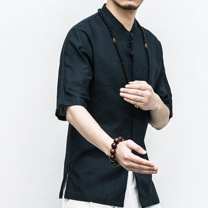 Buddha Stones Chinese Frog-Button Tang Suit Zen Half Sleeve Shirt Linen Men Clothing - image 15