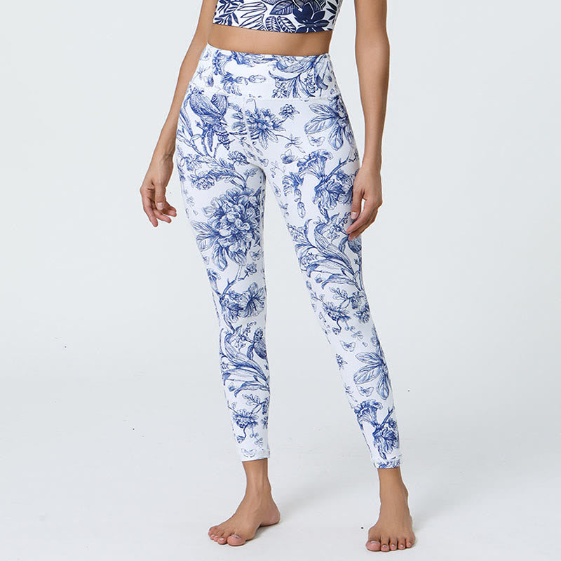 Buddha Stones Flowers Leaves Dandelions Pineapples Print Sports Fitness High Waist Leggings Women's Yoga Pants - Light Blue Flowers - US12,UK/AU16,EU44 (XL) - image 1