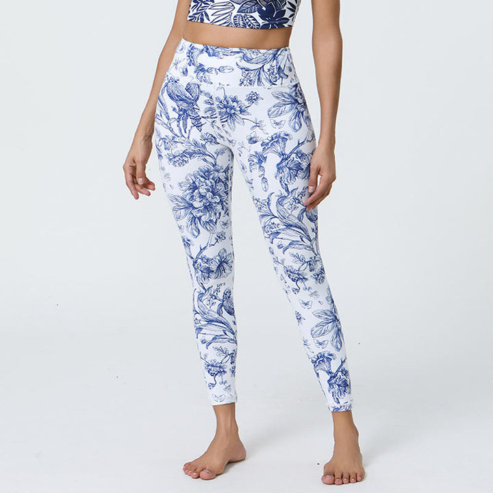 Buddha Stones Flowers Leaves Dandelions Pineapples Print Sports Fitness High Waist Leggings Women's Yoga Pants - Light Blue Flowers - US12,UK/AU16,EU44 (XL) - image 1