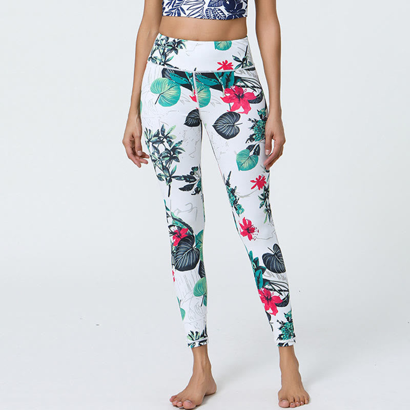 Buddha Stones Flowers Leaves Dandelions Pineapples Print Sports Fitness High Waist Leggings Women's Yoga Pants - White Green Flowers Leaves - US12,UK/AU16,EU44 (XL) - image 7