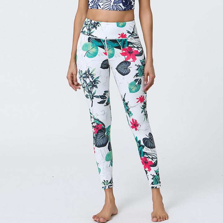 Buddha Stones Flowers Leaves Dandelions Pineapples Print Sports Fitness High Waist Leggings Women's Yoga Pants - White Green Flowers Leaves - US12,UK/AU16,EU44 (XL) - image 7
