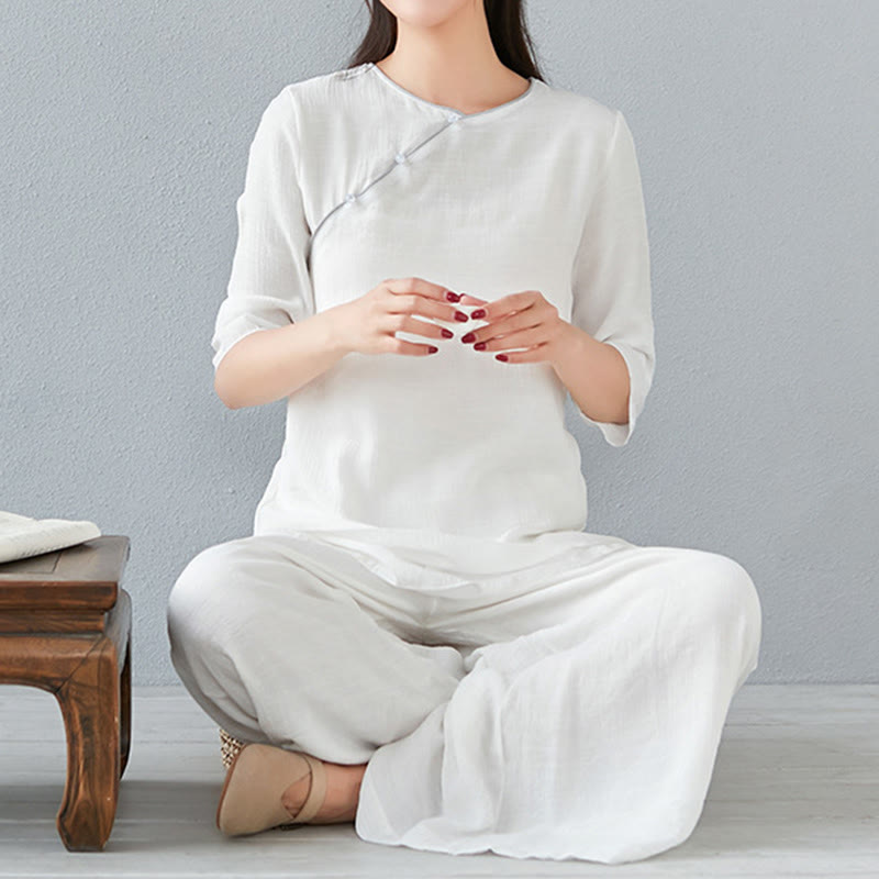 Buddha Stones 2Pcs Three Quarter Sleeve Long Sleeve Shirt Wide Leg Pants Meditation Cotton Linen Clothing Women's Set - White - Three Quarter Sleeve - US8-10,UK/AU12-14,EU40-42 (3XL) - image 7