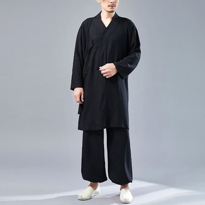 Buddha Stones 2Pcs V-Neck Men's Long Sleeve Shirt Top Pants Meditation Zen Tai Chi Cotton Linen Clothing Set - Black - US/UK/AU42,EU52 (XL)  - image 21