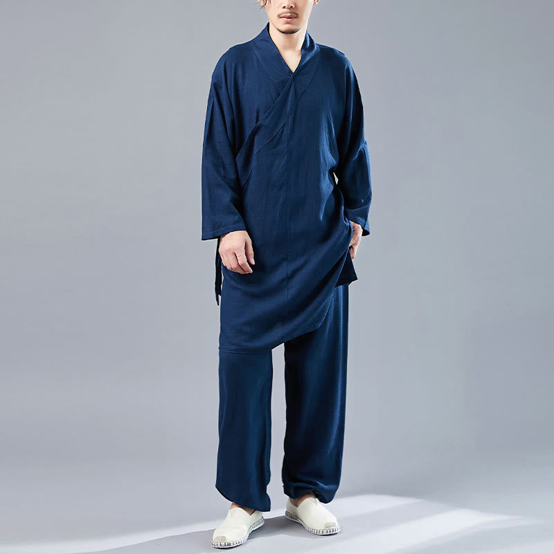 Buddha Stones 2Pcs V-Neck Men's Long Sleeve Shirt Top Pants Meditation Zen Tai Chi Cotton Linen Clothing Set - SteelBlue - US/UK/AU42,EU52 (XL)  - image 31