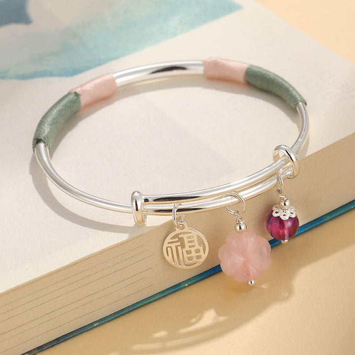 Buddha Stones Pink Crystal Peace Buckle Lucky Flower Love Bracelet Bangle - Pink Crystal Flower(Inner Diameter: 56-60mm) - image 12