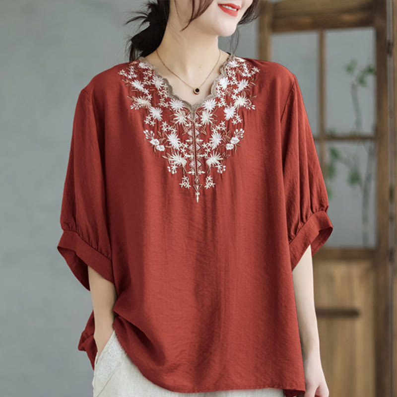 Buddha Stones Small Floral Embroidery V-Neck Half Sleeve Cotton Linen T-shirt Tee - Tomato - F(Fit for US4-8/10; UK/AU8-12/14; EU36-40/42) - image 2