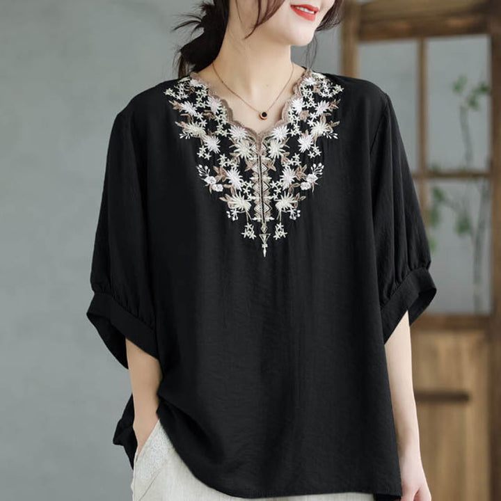 Buddha Stones Small Floral Embroidery V-Neck Half Sleeve Cotton Linen T-shirt Tee - image 1