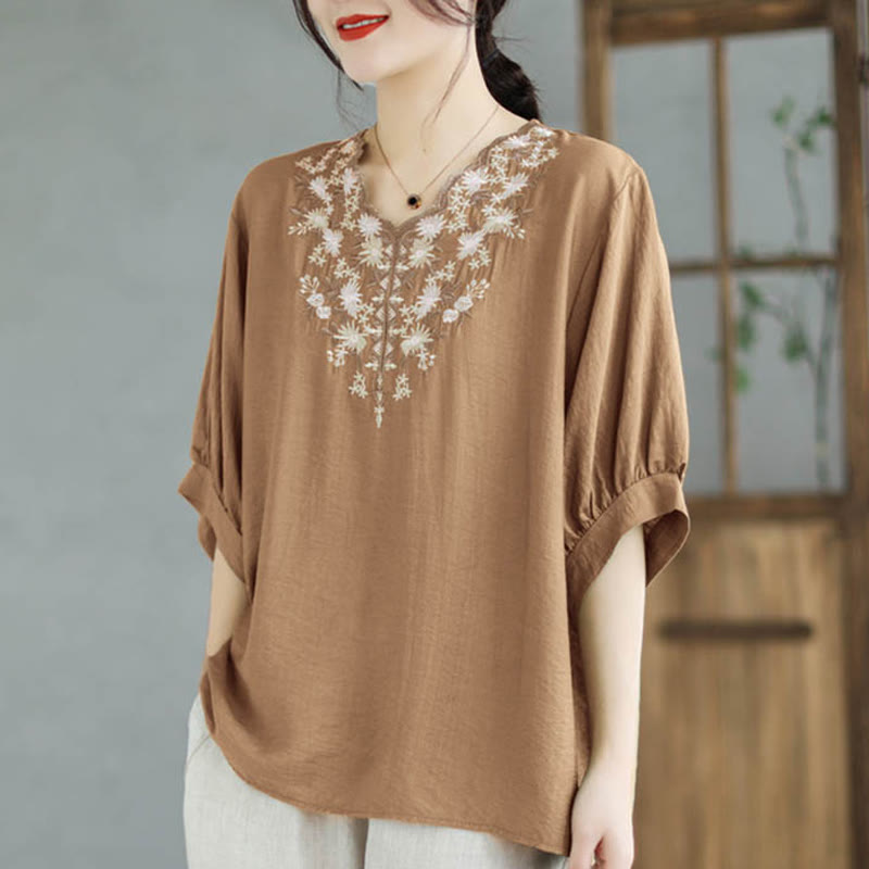 Buddha Stones Small Floral Embroidery V-Neck Half Sleeve Cotton Linen T-shirt Tee - NavajoWhite - F(Fit for US4-8/10; UK/AU8-12/14; EU36-40/42) - image 11