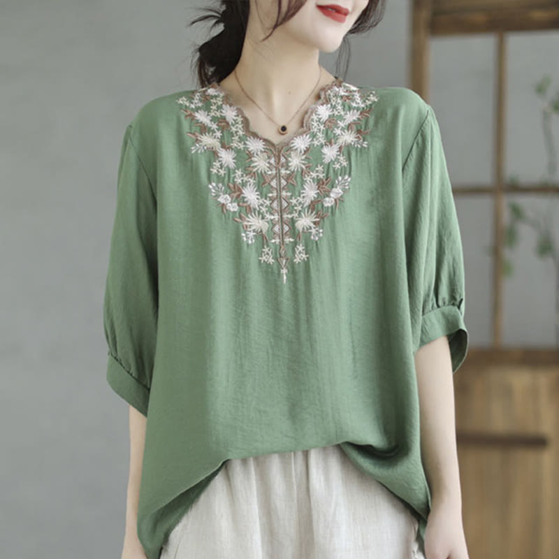 Buddha Stones Small Floral Embroidery V-Neck Half Sleeve Cotton Linen T-shirt Tee - Aquamarine - F(Fit for US4-8/10; UK/AU8-12/14; EU36-40/42) - image 4