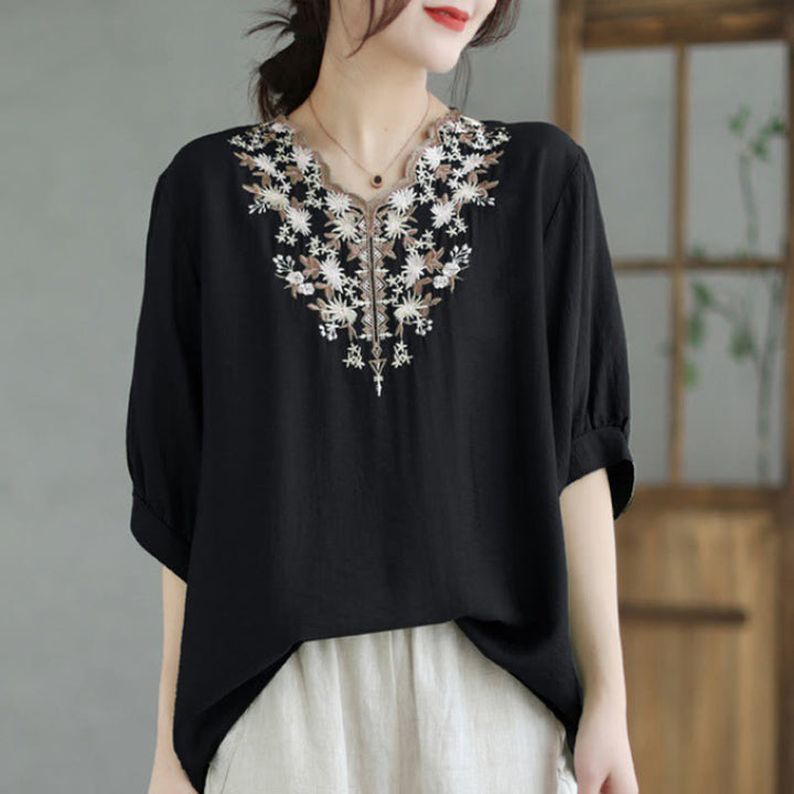 Buddha Stones Small Floral Embroidery V-Neck Half Sleeve Cotton Linen T-shirt Tee - Black - F(Fit for US4-8/10; UK/AU8-12/14; EU36-40/42) - image 0