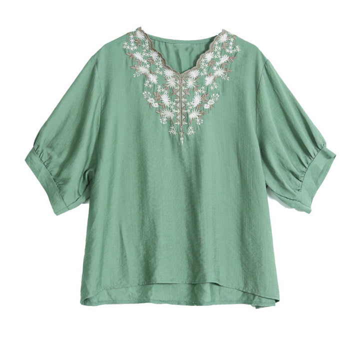 Buddha Stones Small Floral Embroidery V-Neck Half Sleeve Cotton Linen T-shirt Tee - image 5