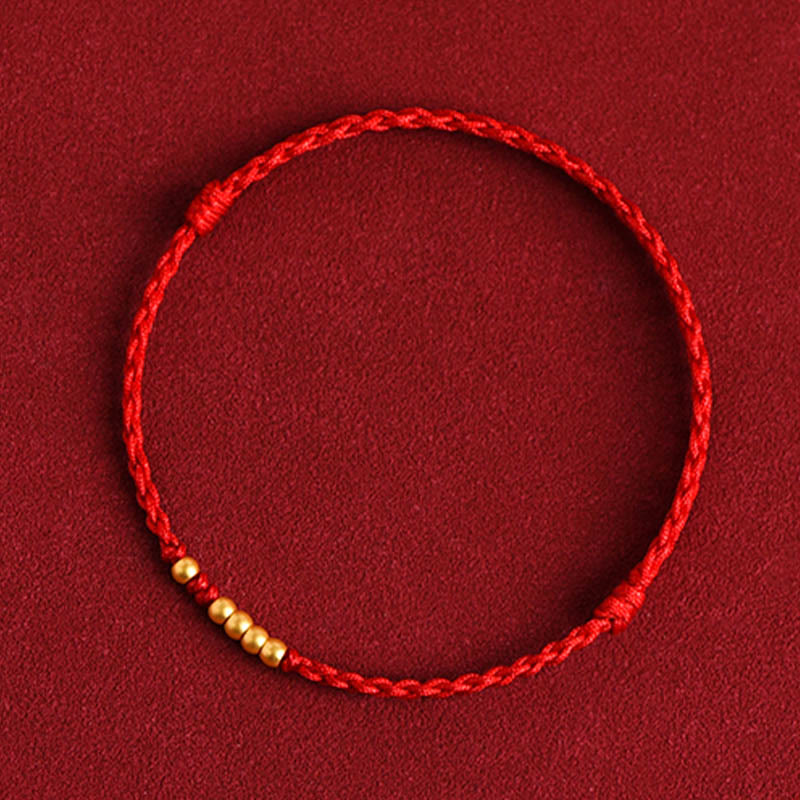 Buddha Stones 999 Gold Beads Luck Braided Protection Couple Bracelet - Red Rope(One&Four Gold Beads) - 24cm - image 9