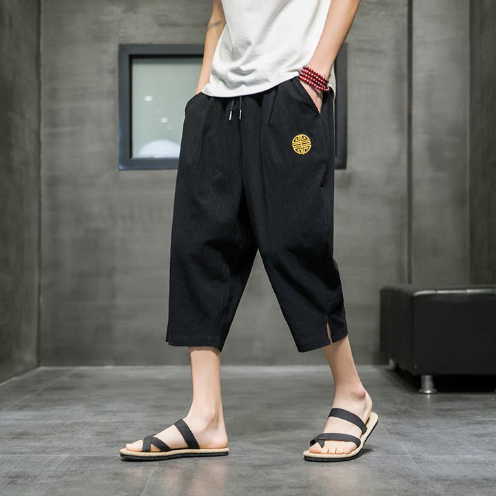 Buddha Stones Summer Men's Linen Drawstring Cropped Pants With Pockets - Black - US/UK/AU44,EU54 (5XL) - image 10