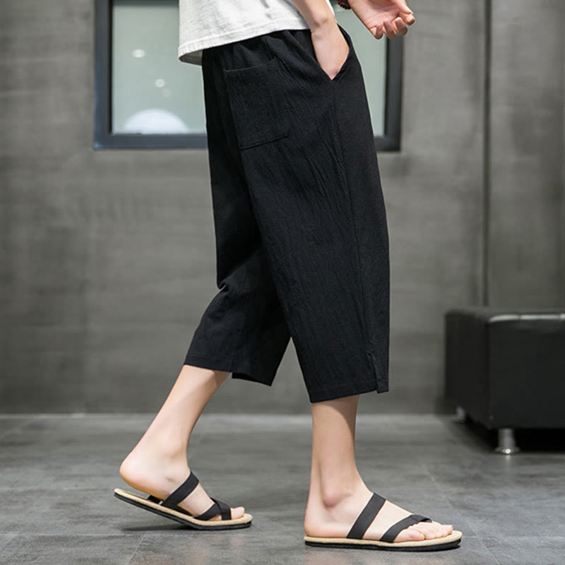 Buddha Stones Summer Men's Linen Drawstring Cropped Pants With Pockets - image 13