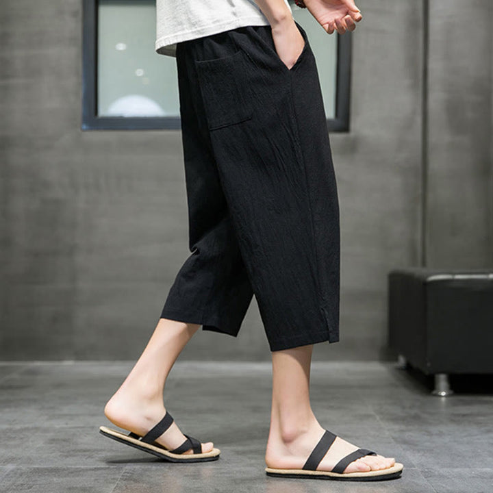 Buddha Stones Summer Men's Linen Drawstring Cropped Pants With Pockets - image 13