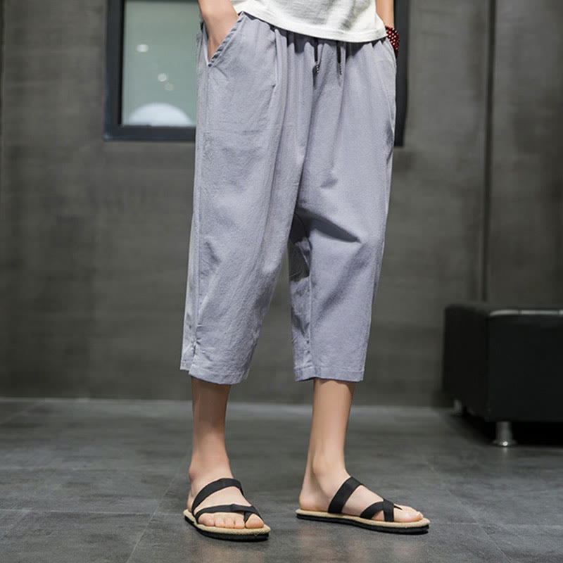 Buddha Stones Summer Men's Linen Drawstring Cropped Pants With Pockets - image 19