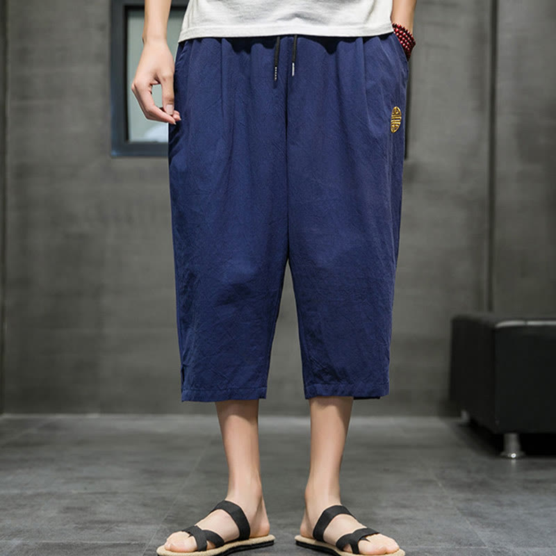 Buddha Stones Summer Men's Linen Drawstring Cropped Pants With Pockets - image 2