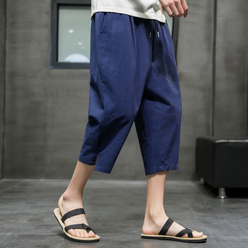 Buddha Stones Summer Men's Linen Drawstring Cropped Pants With Pockets - image 4
