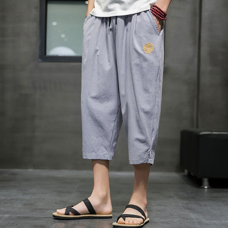 Buddha Stones Summer Men's Linen Drawstring Cropped Pants With Pockets - image 22