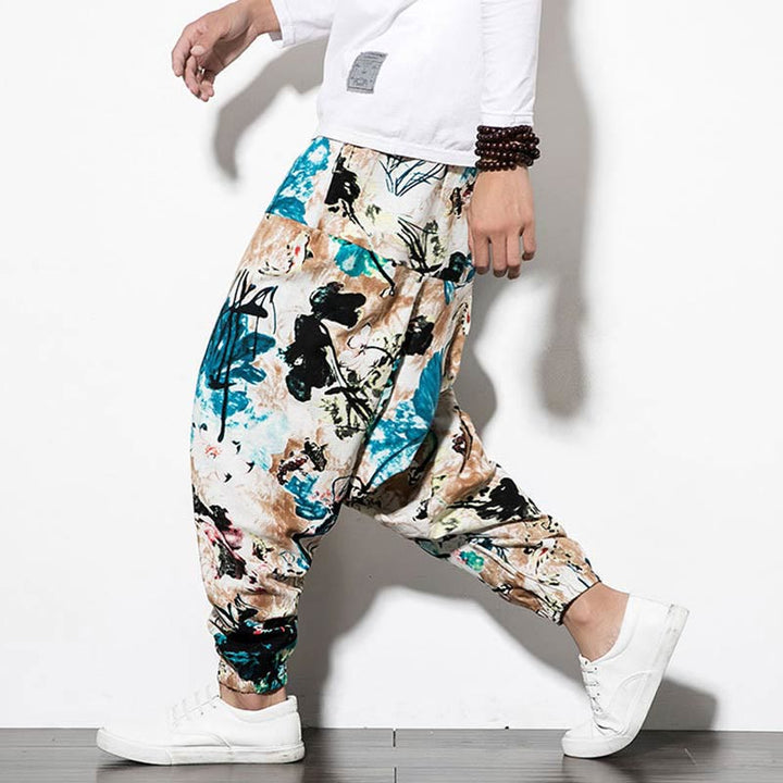 Buddha Stones Flowers Leaves Brown Blue Painting Print Cotton Men's Long Cropped Harem Pants With Pockets - Long Style SandyBrown Blue - US/UK/AU46,EU56 (5XL) - image 0