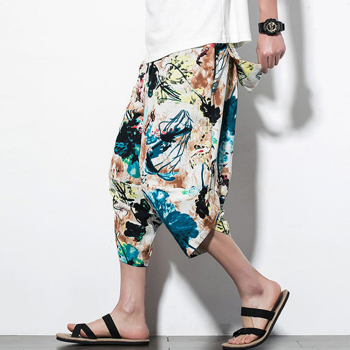 Buddha Stones Flowers Leaves Brown Blue Painting Print Cotton Men's Long Cropped Harem Pants With Pockets - Cropped Style SandyBrown Blue - US/UK/AU46,EU56 (5XL) - image 9