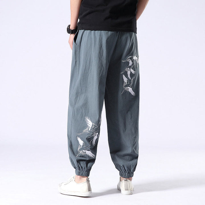 Buddha Stones White Crane Embroidery Design Drawstring Men's Harem Pants With Pockets - PowderBlue - US/UK/AU42,EU52 (3XL) - image 0