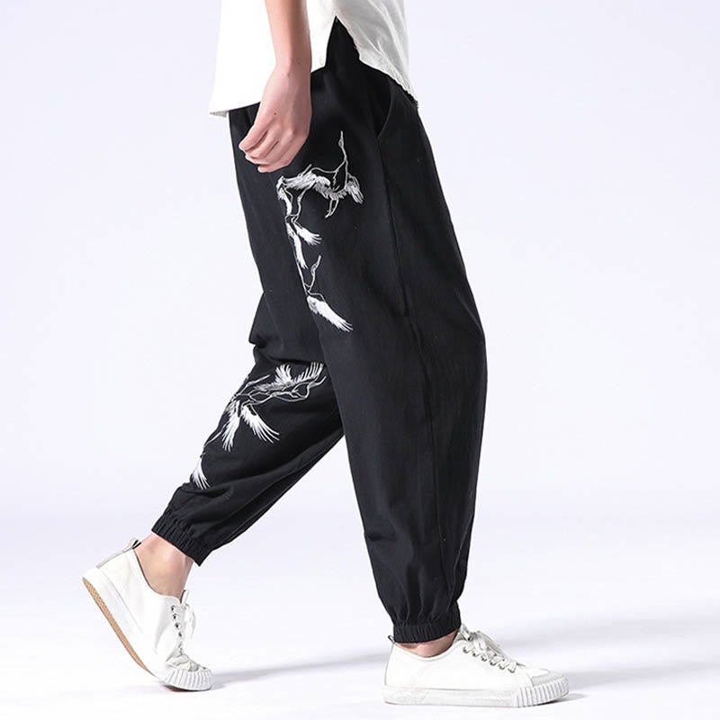 Buddha Stones White Crane Embroidery Design Drawstring Men's Harem Pants With Pockets - image 7