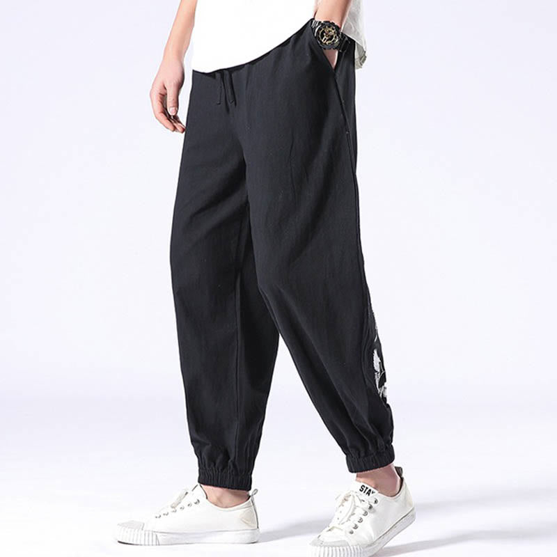 Buddha Stones White Crane Embroidery Design Drawstring Men's Harem Pants With Pockets - image 9