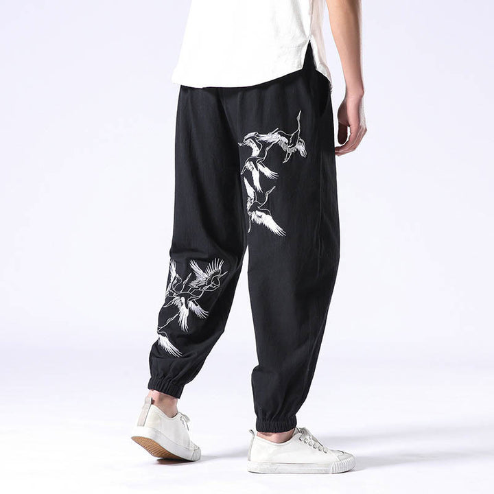 Buddha Stones White Crane Embroidery Design Drawstring Men's Harem Pants With Pockets - Black - US/UK/AU42,EU52 (3XL) - image 6