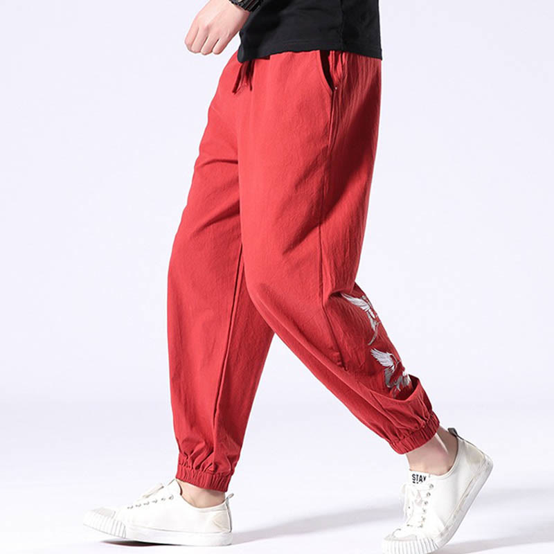 Buddha Stones White Crane Embroidery Design Drawstring Men's Harem Pants With Pockets - image 13