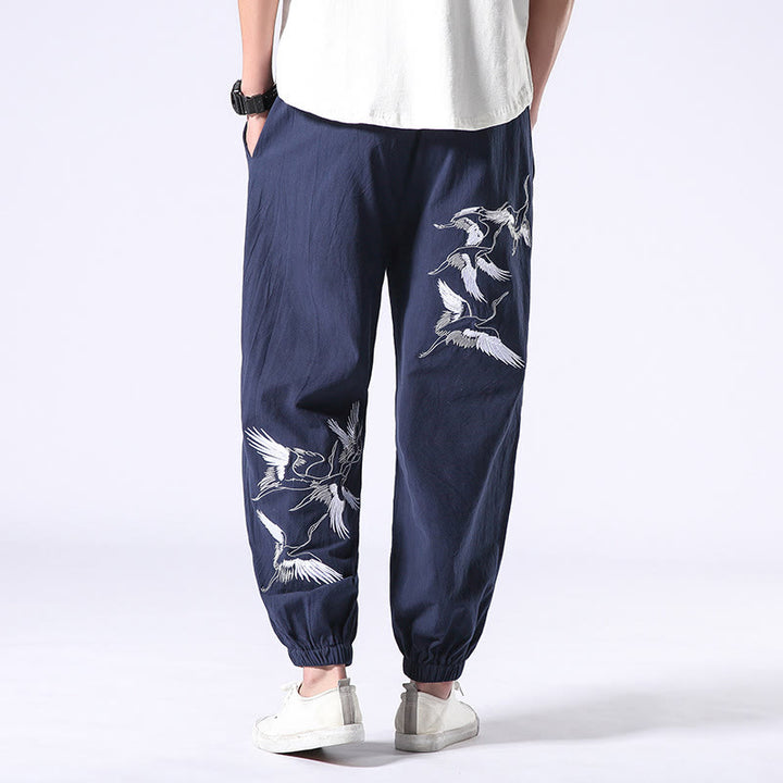 Buddha Stones White Crane Embroidery Design Drawstring Men's Harem Pants With Pockets - SteelBlue - US/UK/AU42,EU52 (3XL) - image 22