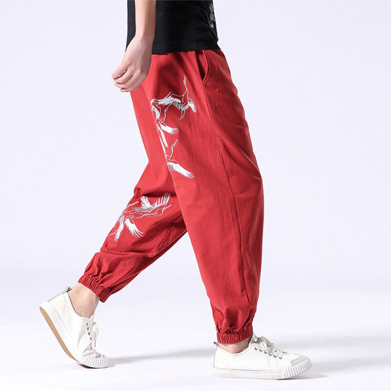Buddha Stones White Crane Embroidery Design Drawstring Men's Harem Pants With Pockets - image 15