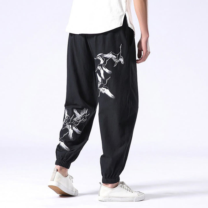 Buddha Stones White Crane Embroidery Design Drawstring Men's Harem Pants With Pockets - image 26