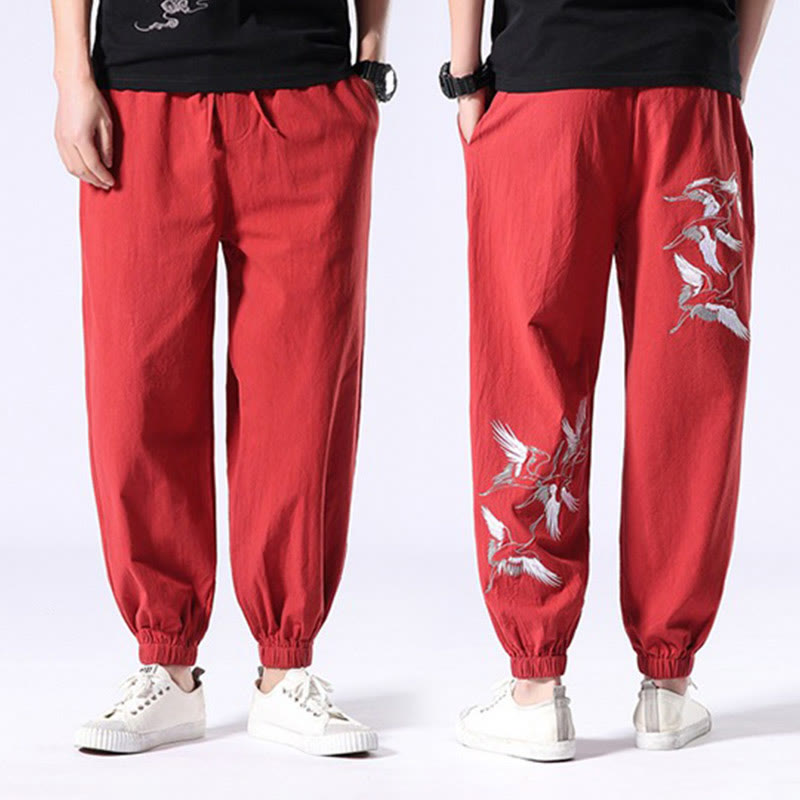 Buddha Stones White Crane Embroidery Design Drawstring Men's Harem Pants With Pockets - image 16