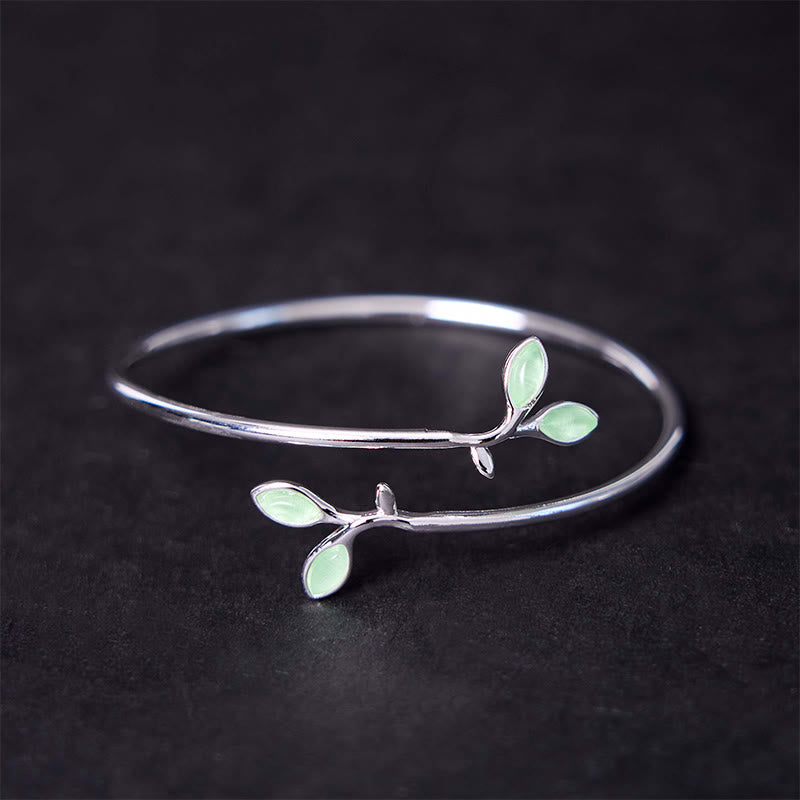 Buddha Stones Leaf Pattern Cat Eye Support Cuff Bracelet Bangle - Leaf Bangle - image 1