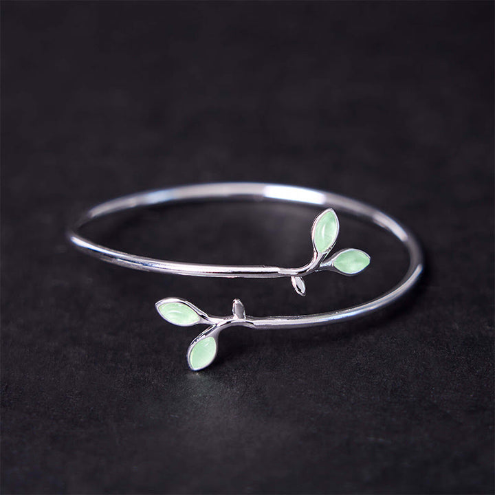 Buddha Stones Leaf Pattern Cat Eye Support Cuff Bracelet Bangle - Leaf Bangle - image 1