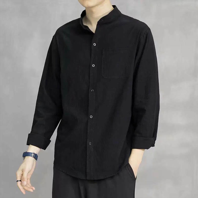 Buddha Stones Men's Long Sleeve Shirt With Pocket Stand Collar Comfort Linen Shirt - Black - US/UK/AU46,EU56 (5XL) - image 16