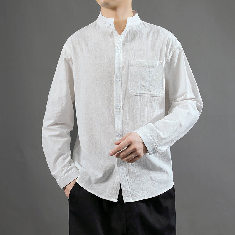 Buddha Stones Men's Long Sleeve Shirt With Pocket Stand Collar Comfort Linen Shirt - White - US/UK/AU46,EU56 (5XL) - image 10