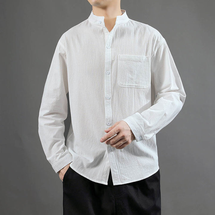 Buddha Stones Men's Long Sleeve Shirt With Pocket Stand Collar Comfort Linen Shirt - White - US/UK/AU46,EU56 (5XL) - image 10