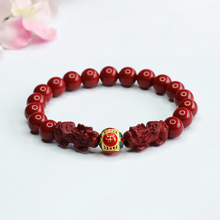 Buddha Stones Cinnabar Double PIXIU Keep Away Evil Spirits Bracelet - Cinnabar Double PIXIU(Wrist Circumference: 14-16cm) - 8mm - image 0