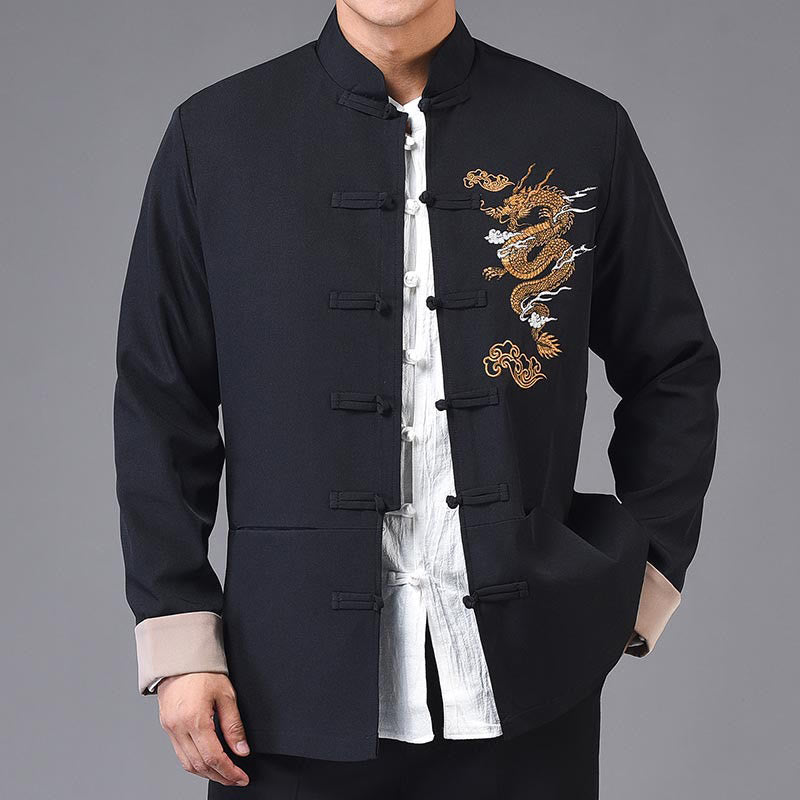 Buddha Stones Dragon Embroidery Frog-button Polyester Men's Jacket Shirt Clothing With Pockets - image 1