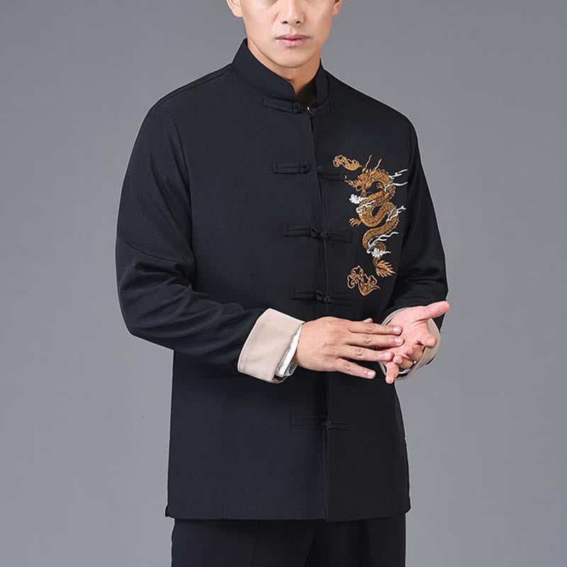Buddha Stones Dragon Embroidery Frog-button Polyester Men's Jacket Shirt Clothing With Pockets - image 3