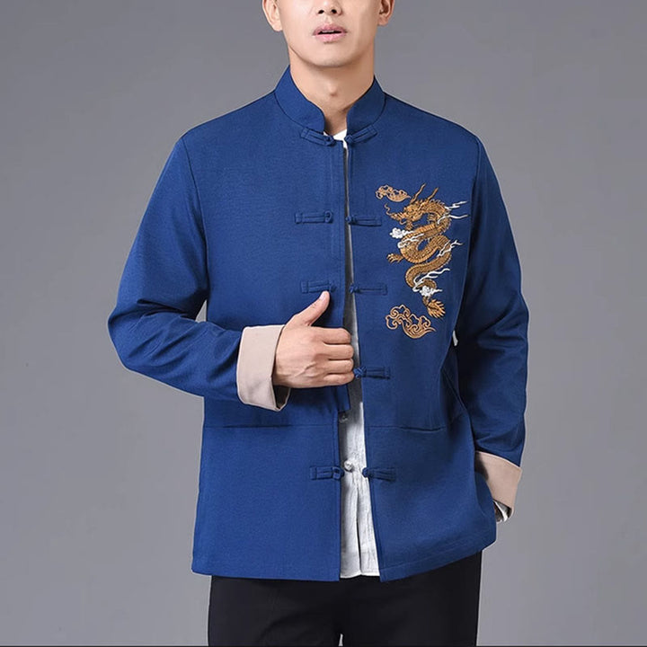 Buddha Stones Dragon Embroidery Frog-button Polyester Men's Jacket Shirt Clothing With Pockets - DarkBlue - US/UK/AU44,EU54 (4XL) - image 16