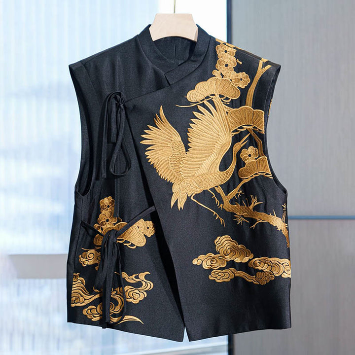 Buddha Stones Vintage Embroidery Golden Crane Cloud Pattern Vest - Golden - US12,UK/AU16,EU44 (3XL) - image 0