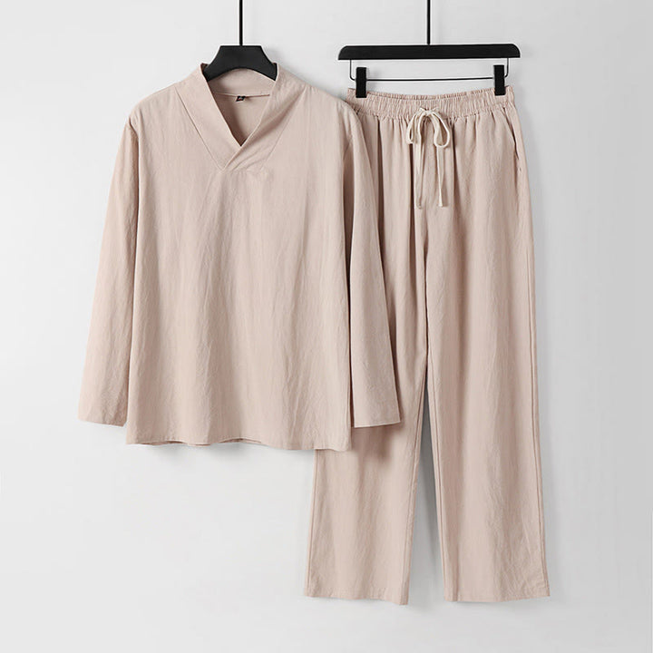 Buddha Stones Cross-Collars Cotton Tang Suit Hanfu Top Pants Clothing Men's Set - Bisque - US/UK/AU54,EU64 (9XL) - image 10