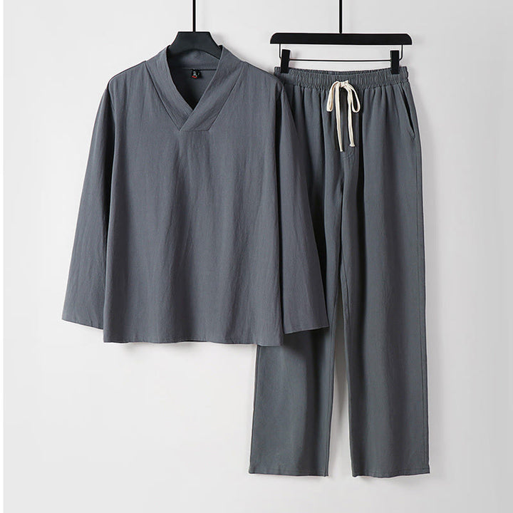 Buddha Stones Cross-Collars Cotton Tang Suit Hanfu Top Pants Clothing Men's Set - Gray - US/UK/AU54,EU64 (9XL) - image 0
