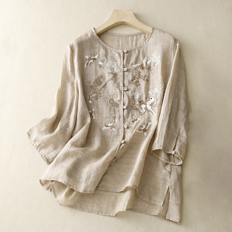 Buddha Stones Round Neck Casual Blouse Embroidery Long Sleeve Shirt Cotton Linen Top Women's Shirts - Tan - US/UK/AU40,EU50 (2XL) - image 6